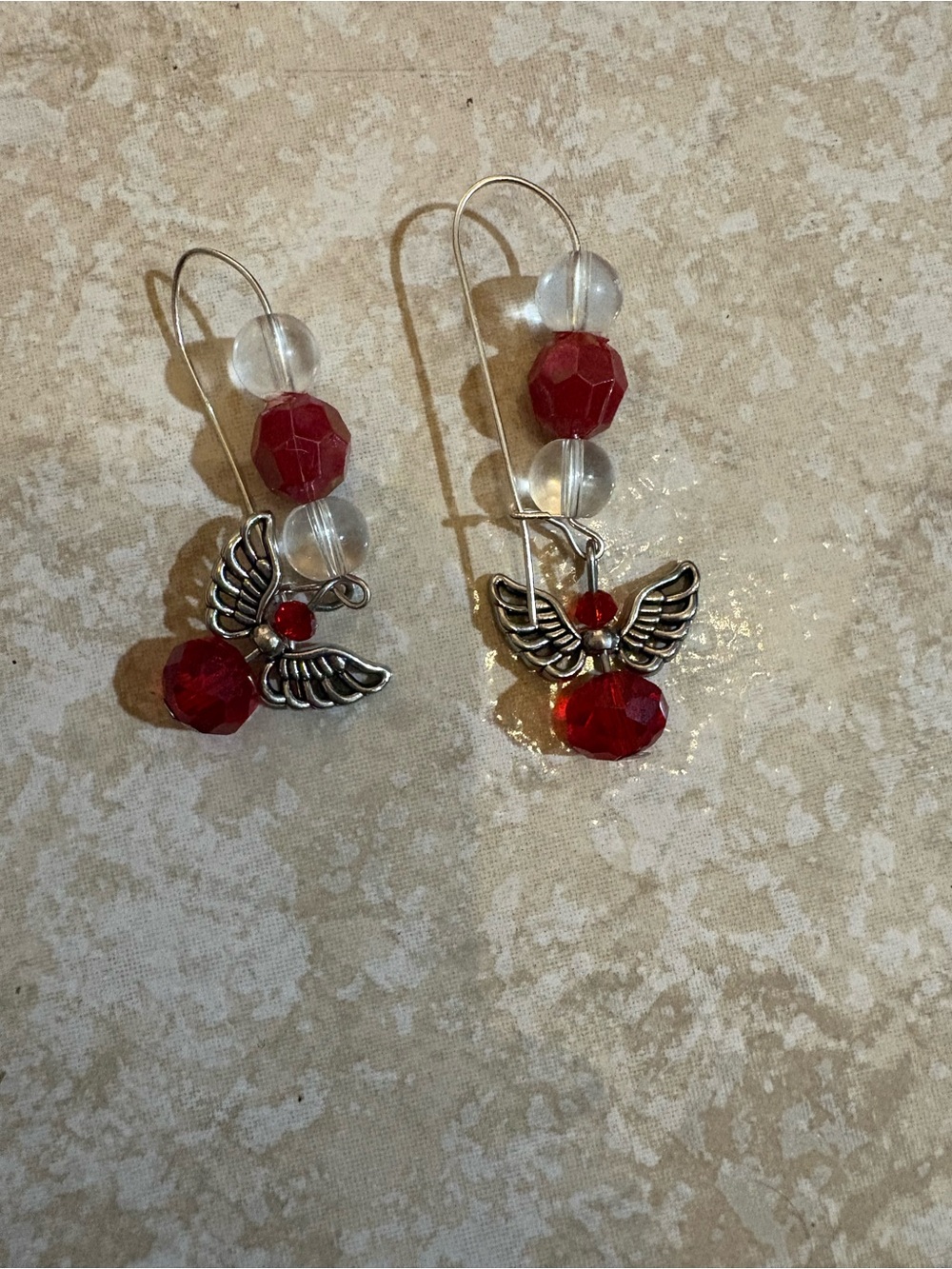 Red Crystal Angel Wing Drop Earrings - Unbranded
